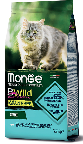 Корм Монж беззерновой для взрослых кошек Monge Cat Bwild Grain Free Adult CODFISH, POTATOES (треска, картофель, чечевица)